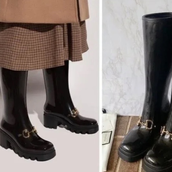 New Gucci Horsebit Tall Rain Boots Black Italy Size 38 - Picture 2 of 16